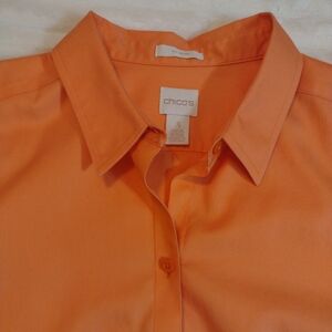 Chico's Womens Size 3 Button Down Orange Shirt XL No-Iron Collar 3/4 Sleeve